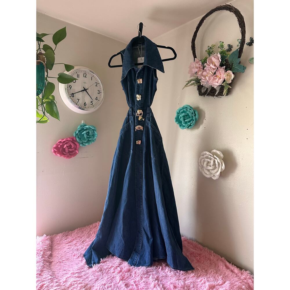 Dark Blue Denim Midi Dress with Statement Collar